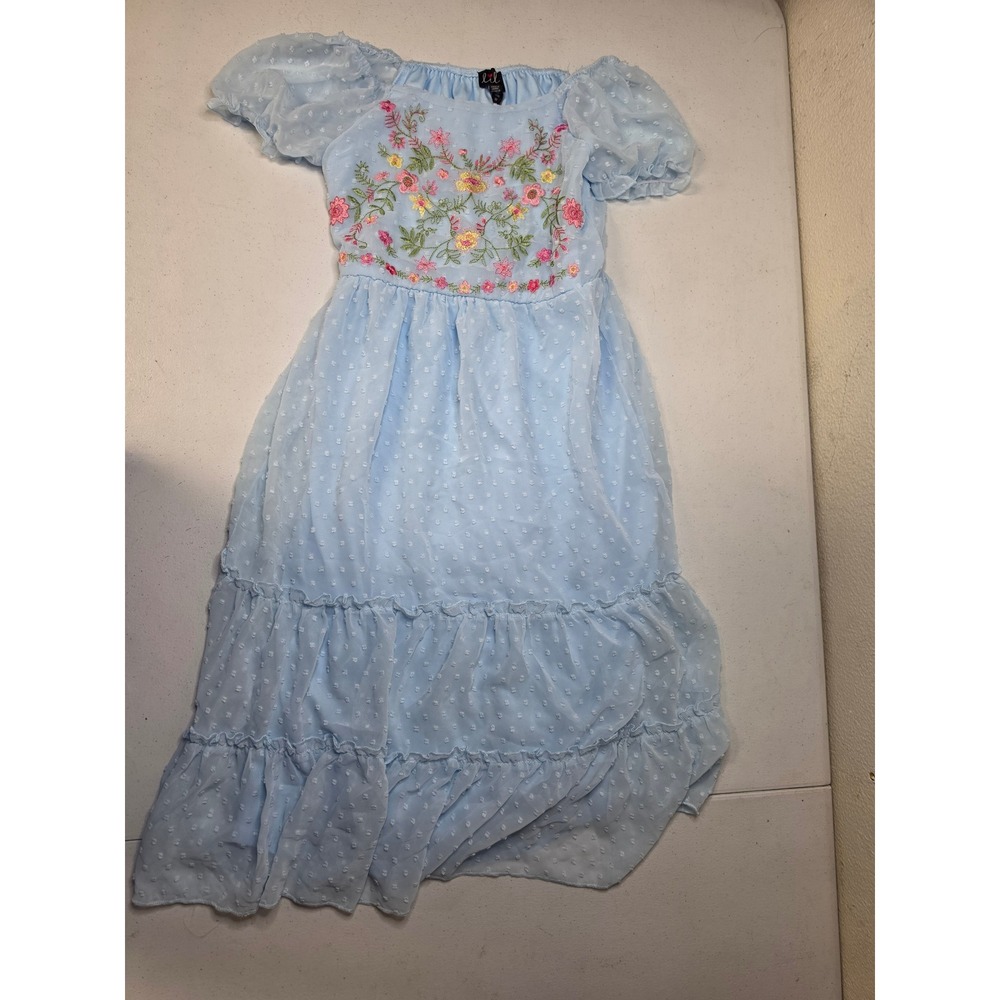 Lilt Girls Blue Swiss Dot Floral Embroidered Tiered Puff Sleeve Dress Size 10